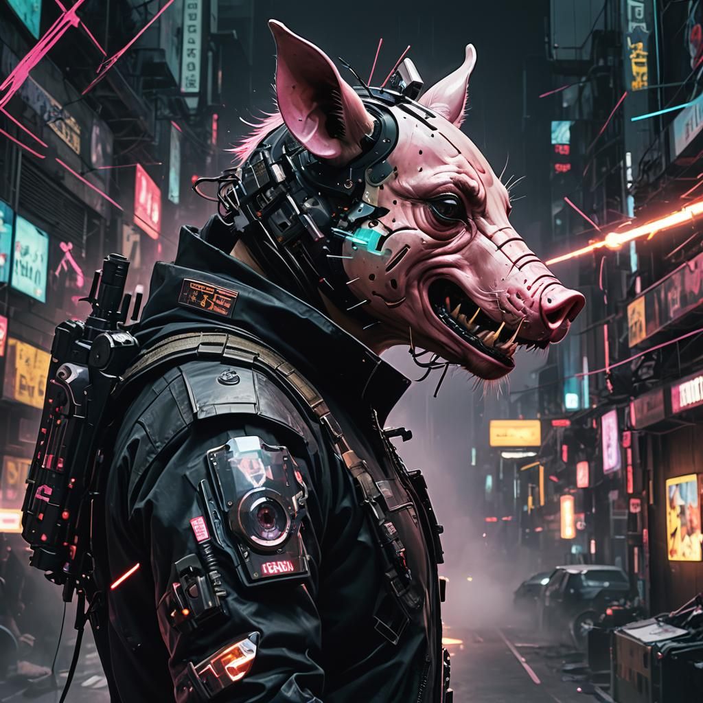 Cyberpunk Pig Head Ganger in Pixel Art Style