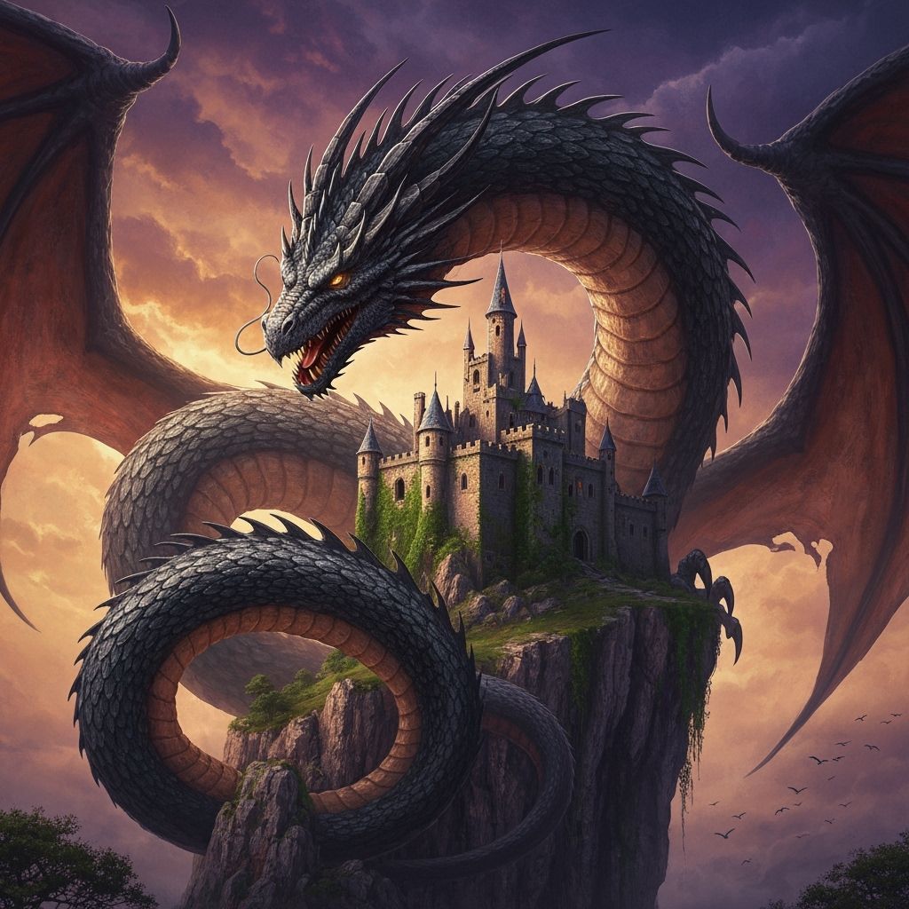 Ancient Dragon Guards Crumbling Castle in Impasto Style