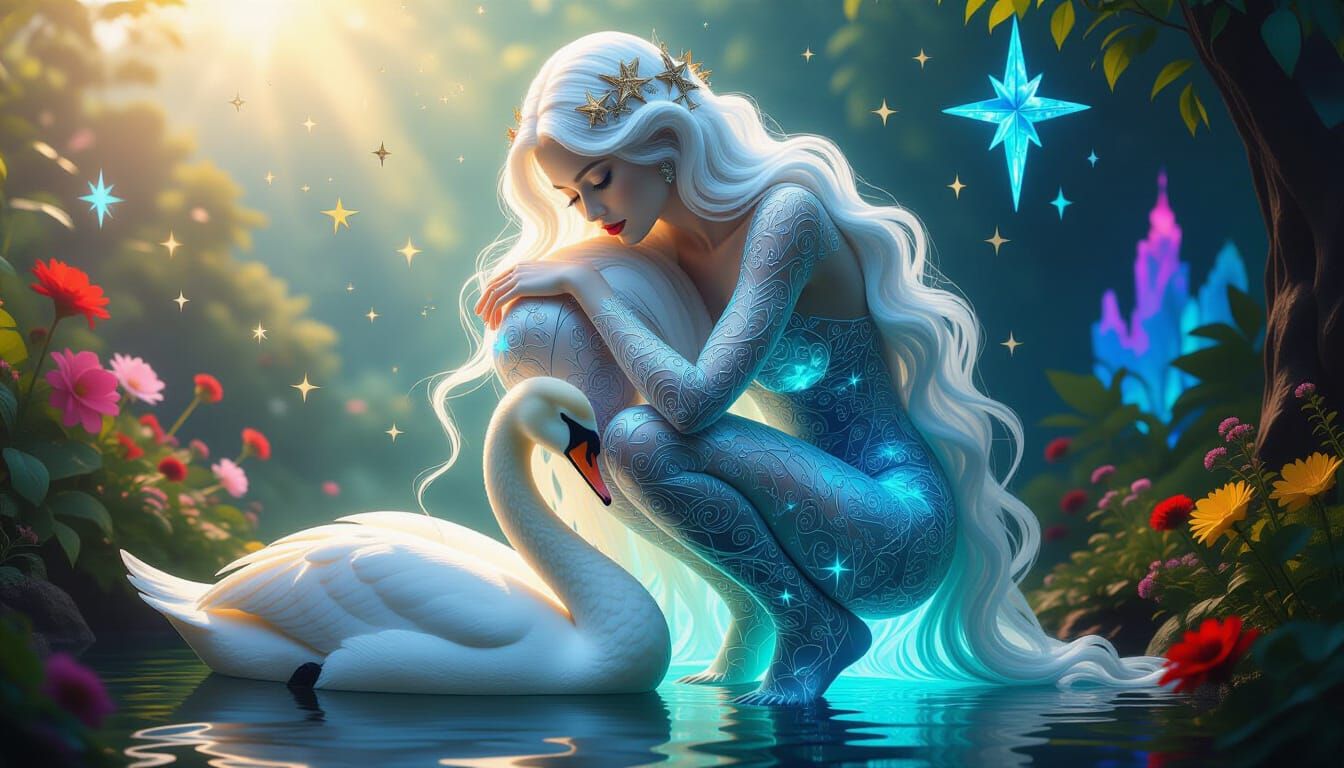 Surreal Fragmented Sculpture of a Cosmic Woman Embracing Swa...