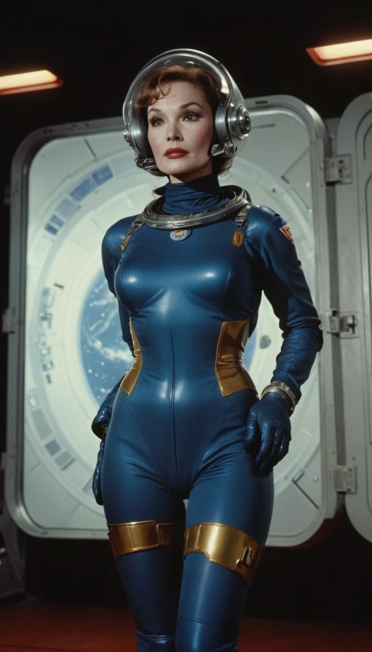 Sci-Fi Woman Floating Before Space Station