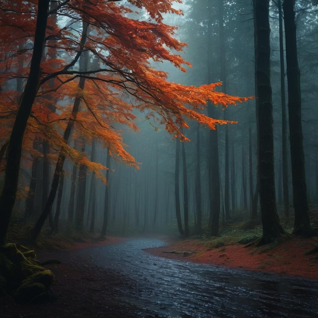 Autumn Rain in Forest: Cinematic Film Still