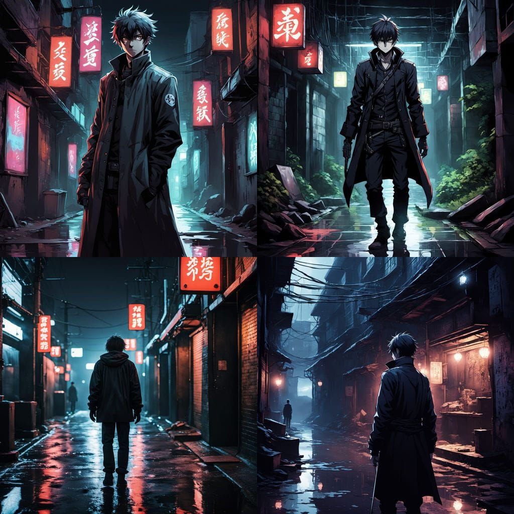 Dark Anime Hero Stands in Mysterious Underground Alley
