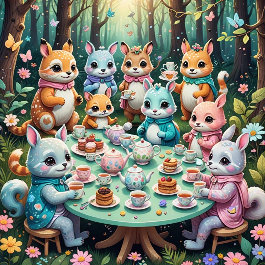 Cartoon Animals Tea Party in Kawaii Style