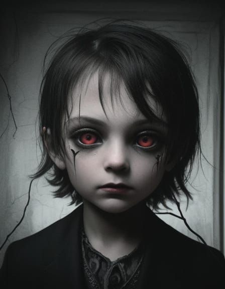 Surreal Glowing-Eyed Child in Dark Room