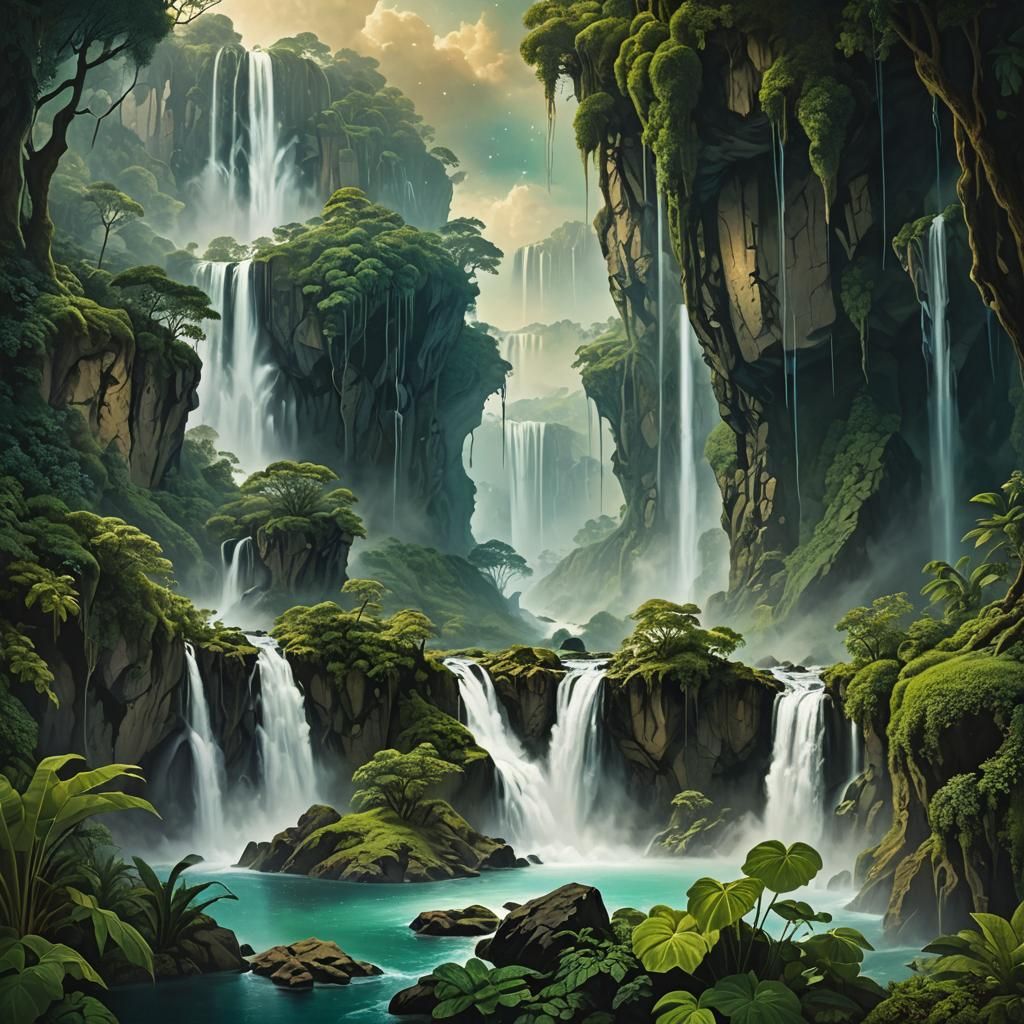 Surreal Floating Islands with Waterfalls, Photorealistic Con...