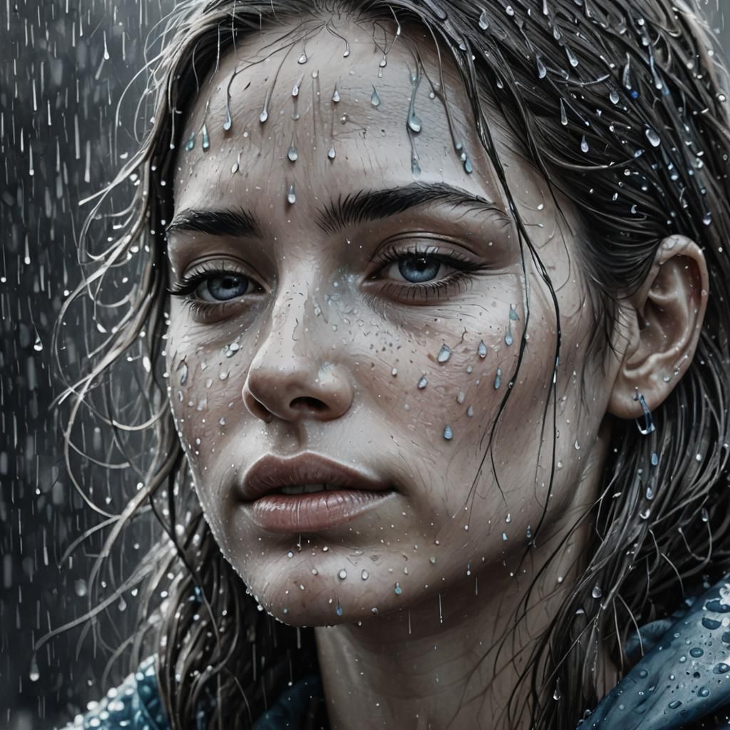 Monochrome Pencil Sketch of Girl in Rain