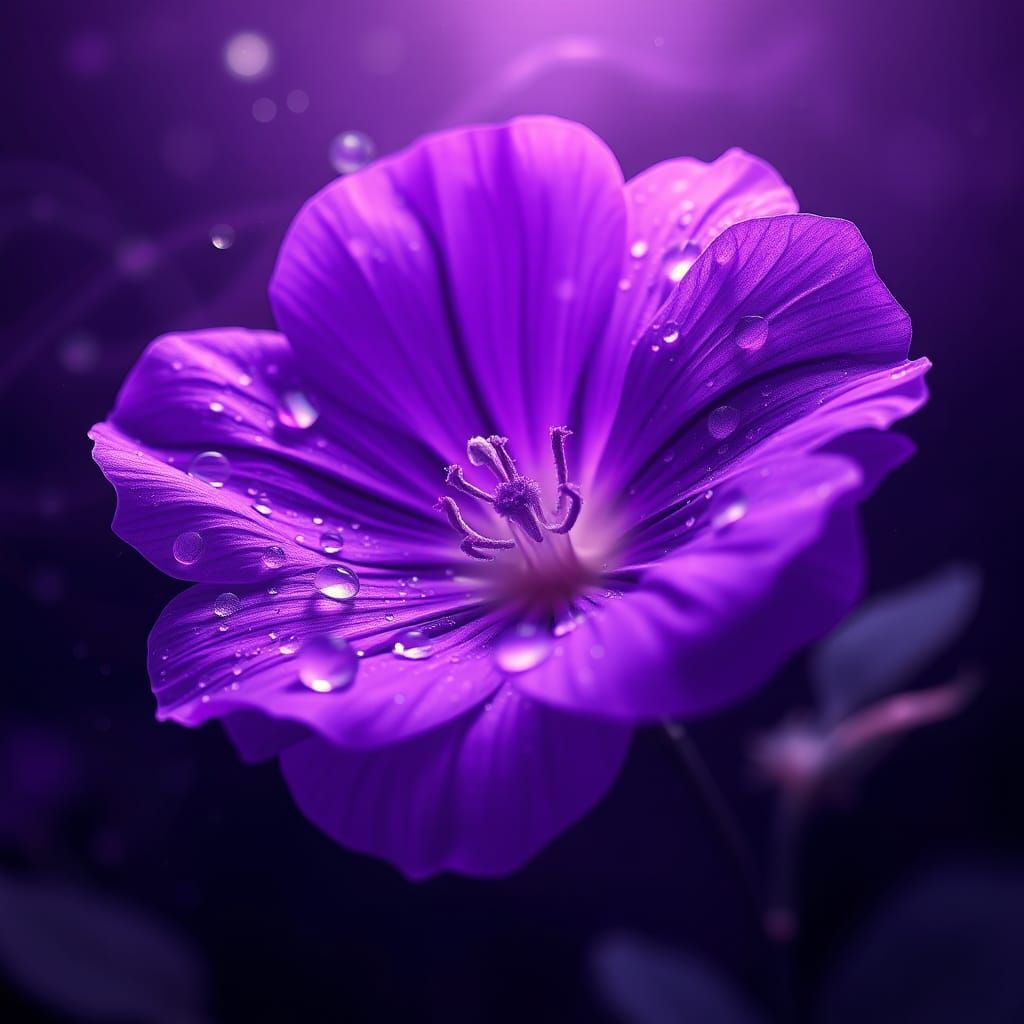 Violet Flower with Dew Drops in Mystical Realism Style