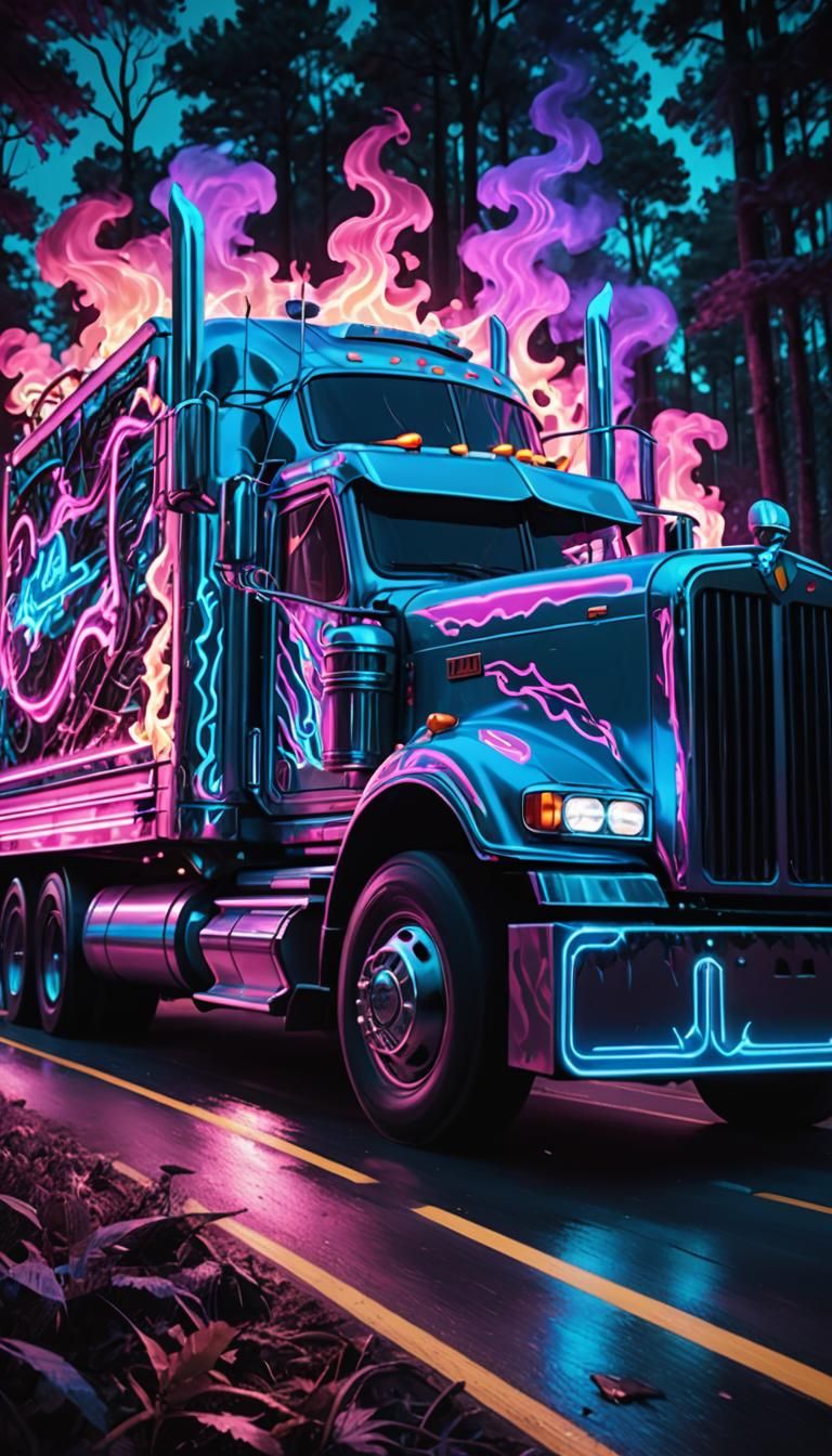 Surreal Pink Semi-Truck in Neon Retro Forest