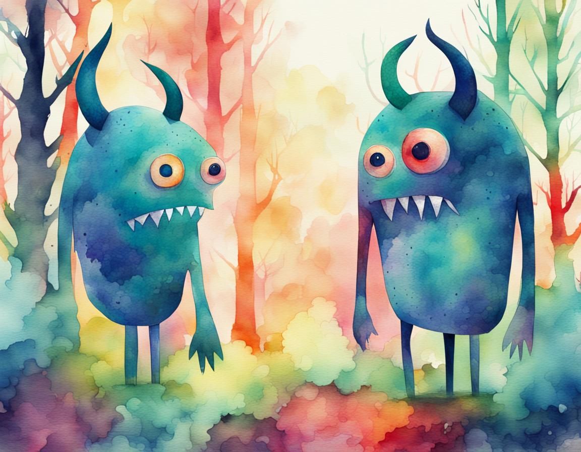Watercolor Monsters in an Abstract Forest