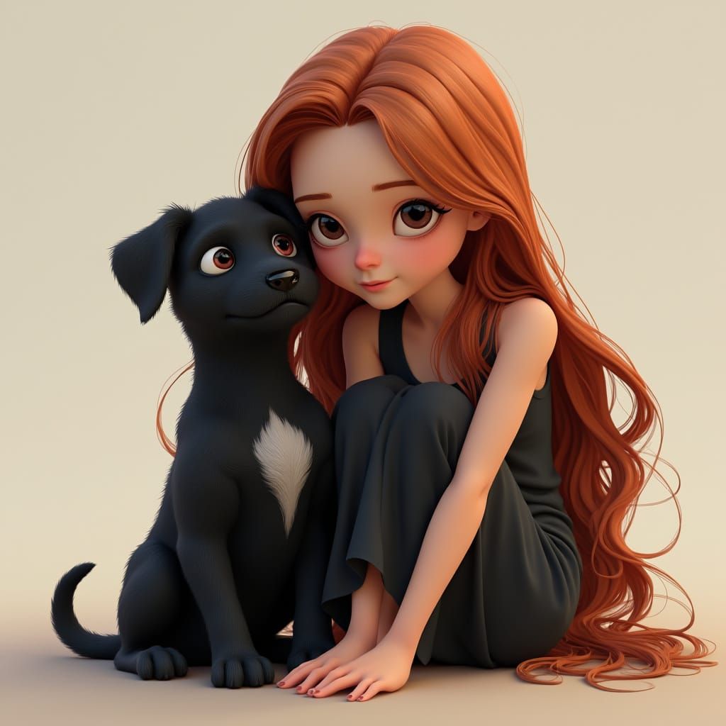 Surreal Portraiture of Girl and Black Puppy in Concept Art S...