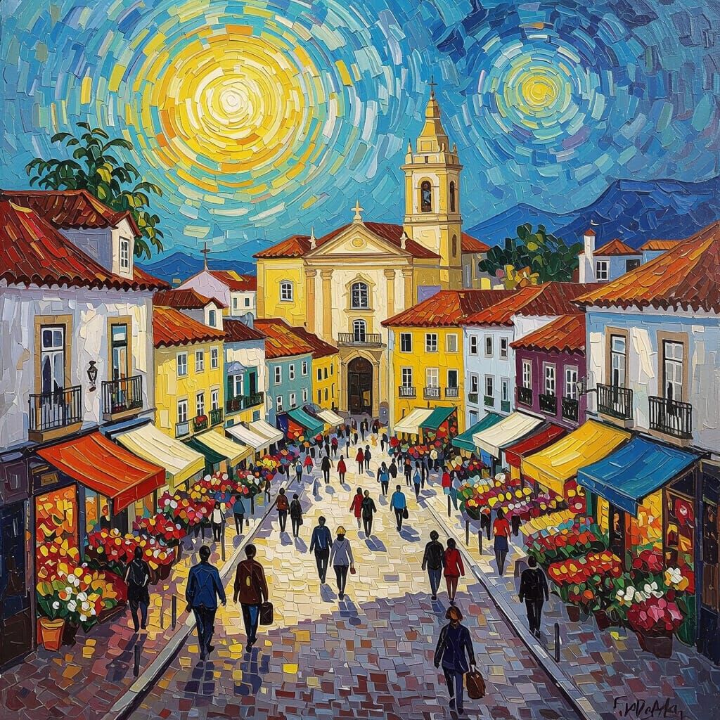 Lisbon Street Scene in Van Gogh Oil Painting Style