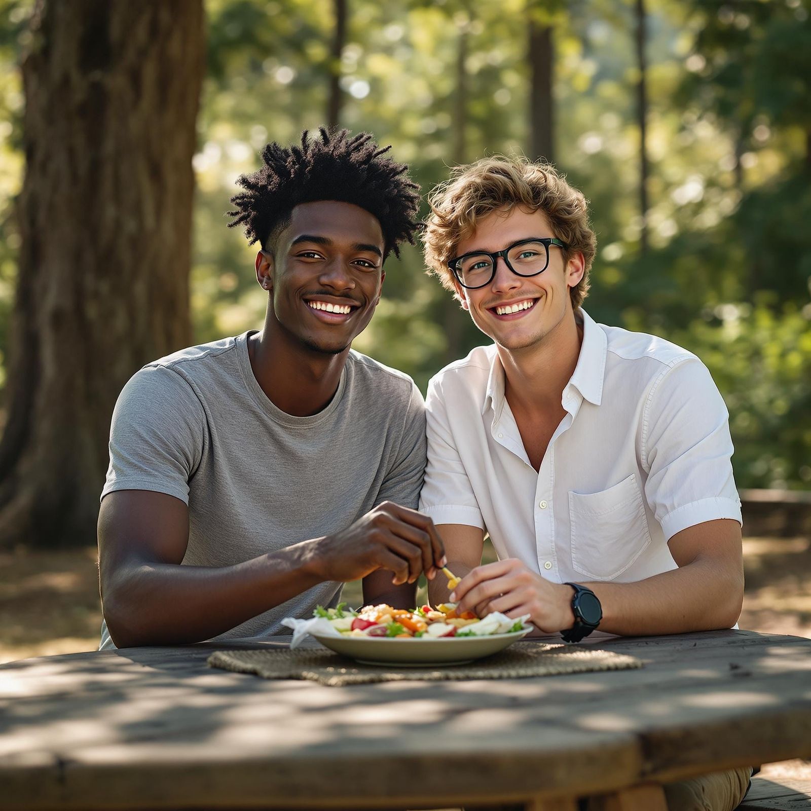 Two Men Share a Relaxed Moment in a Sun-Dappled Campground