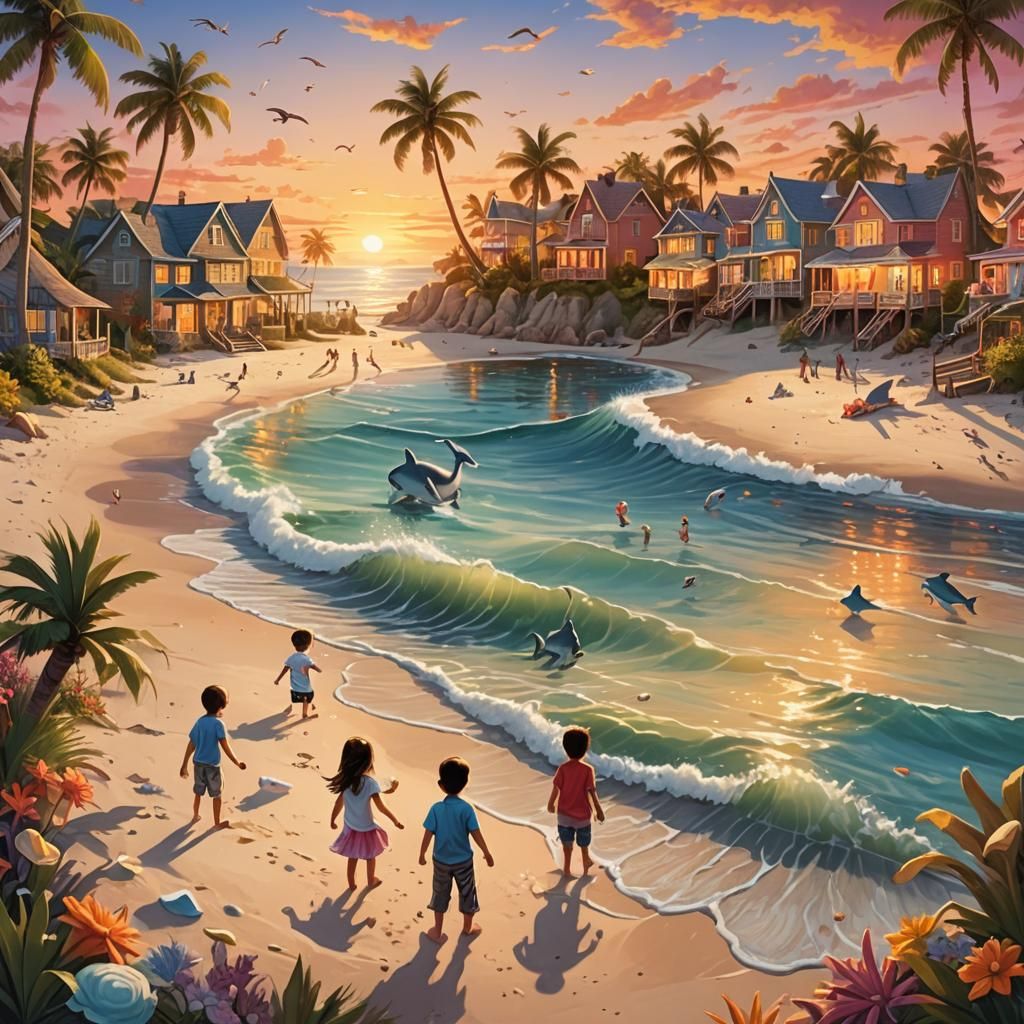 Vibrant Coastal Scene with Children Playing on Beach