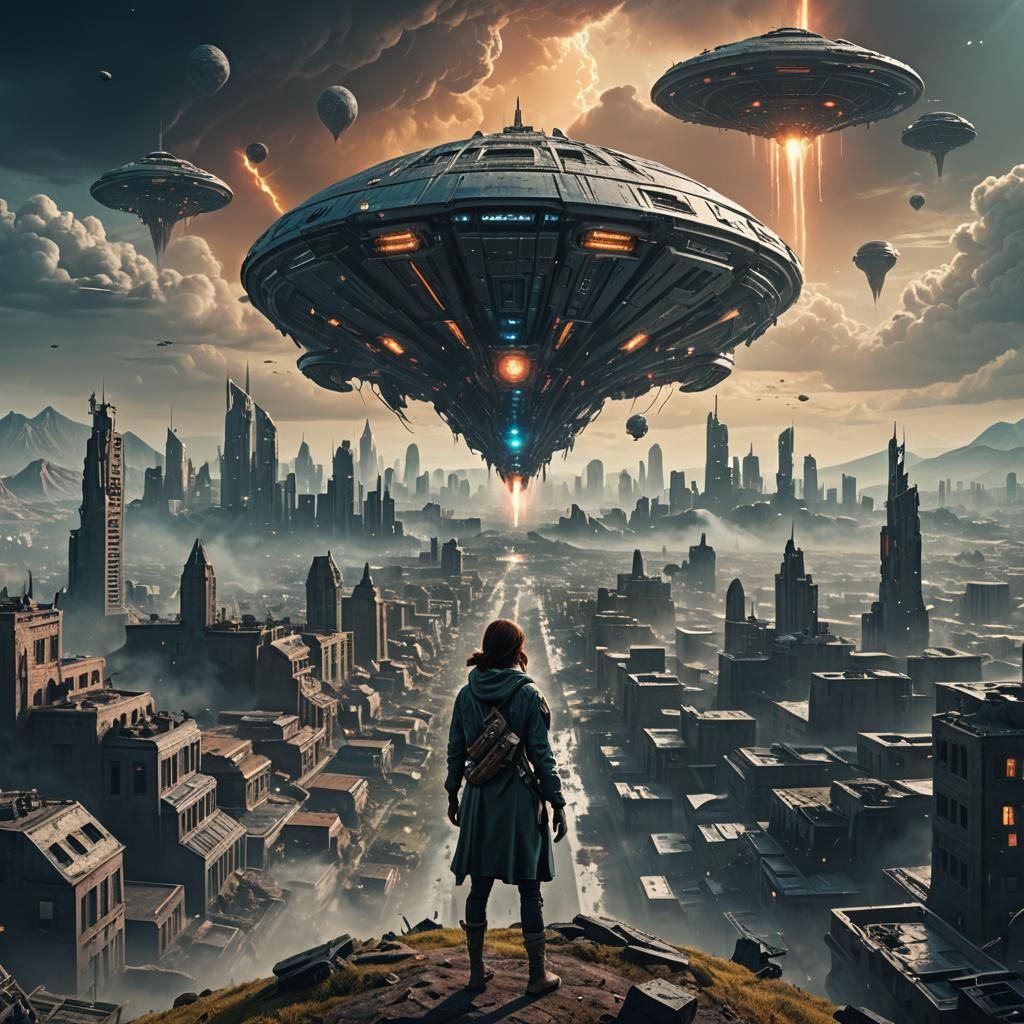 Dystopian City Under Attack by Alien Spaceship