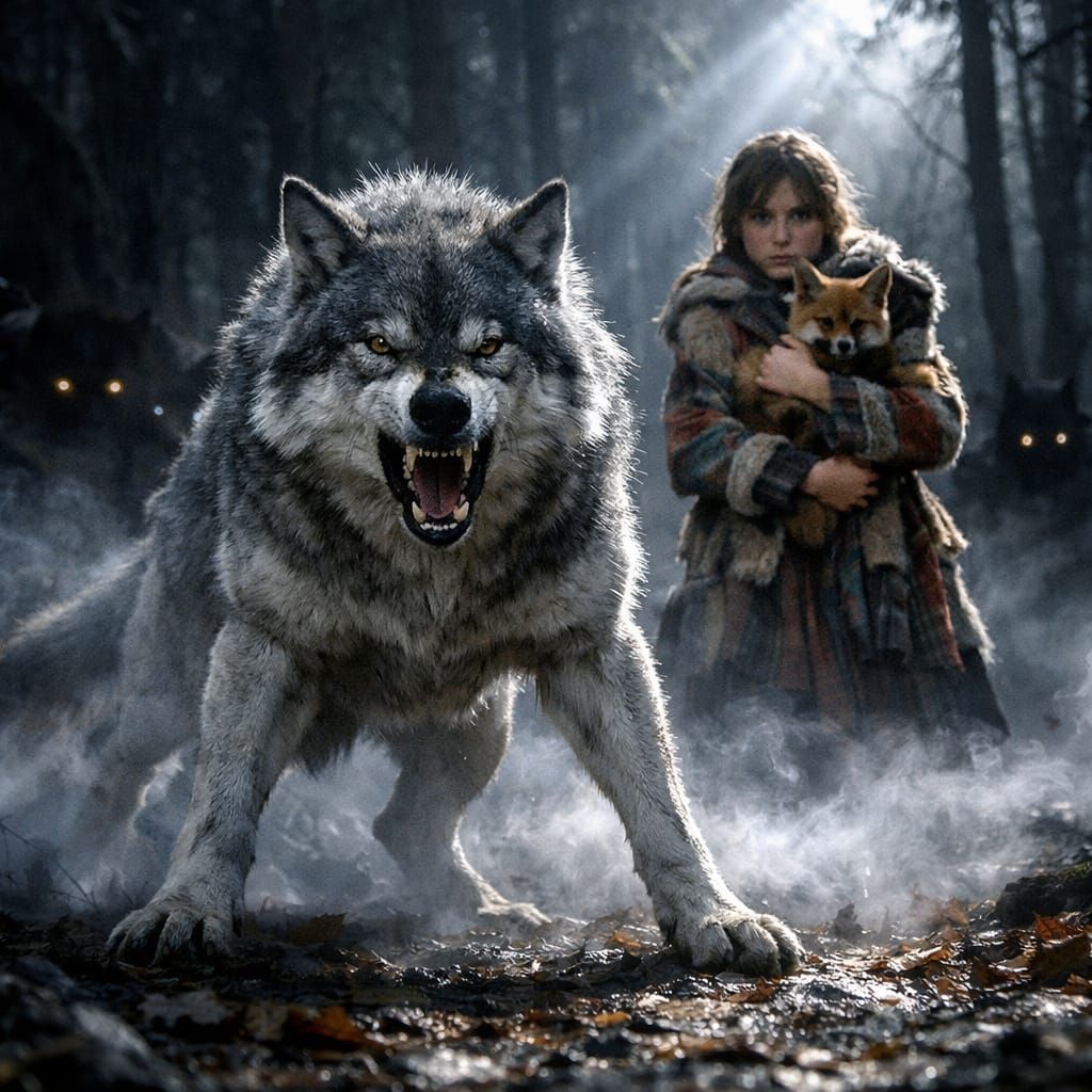 Fantasy Standoff: Girl, Wolf, and Forest Shadows
