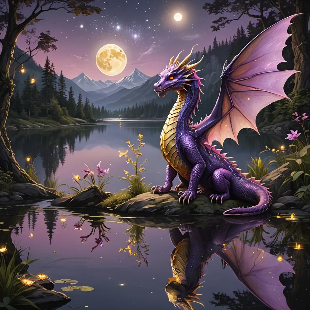 Dragon Gazing at Reflection Under Moonlight