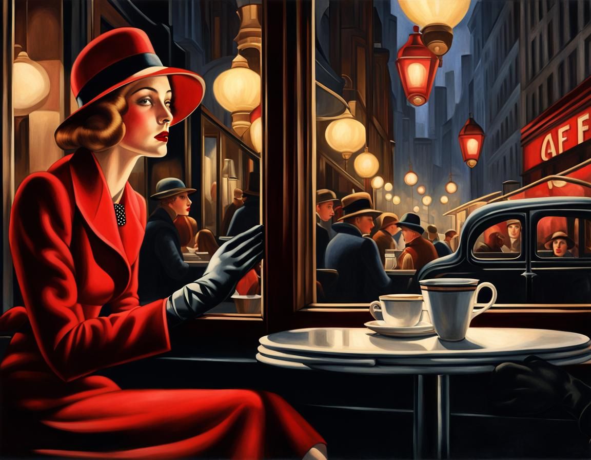 Young Woman in Cafe: An Art Deco Style Portrait