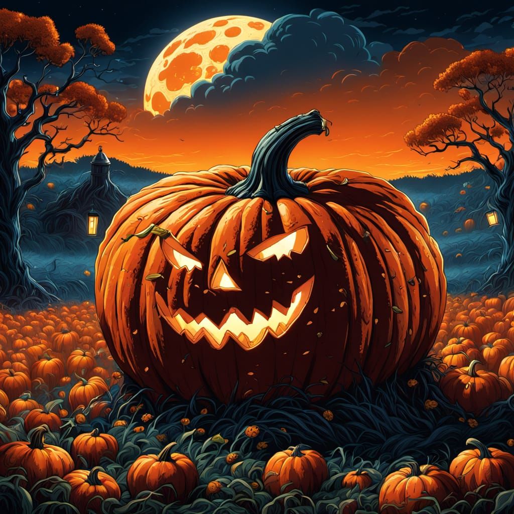 Giant Pumpkin Under Harvest Moon in Autumn Field