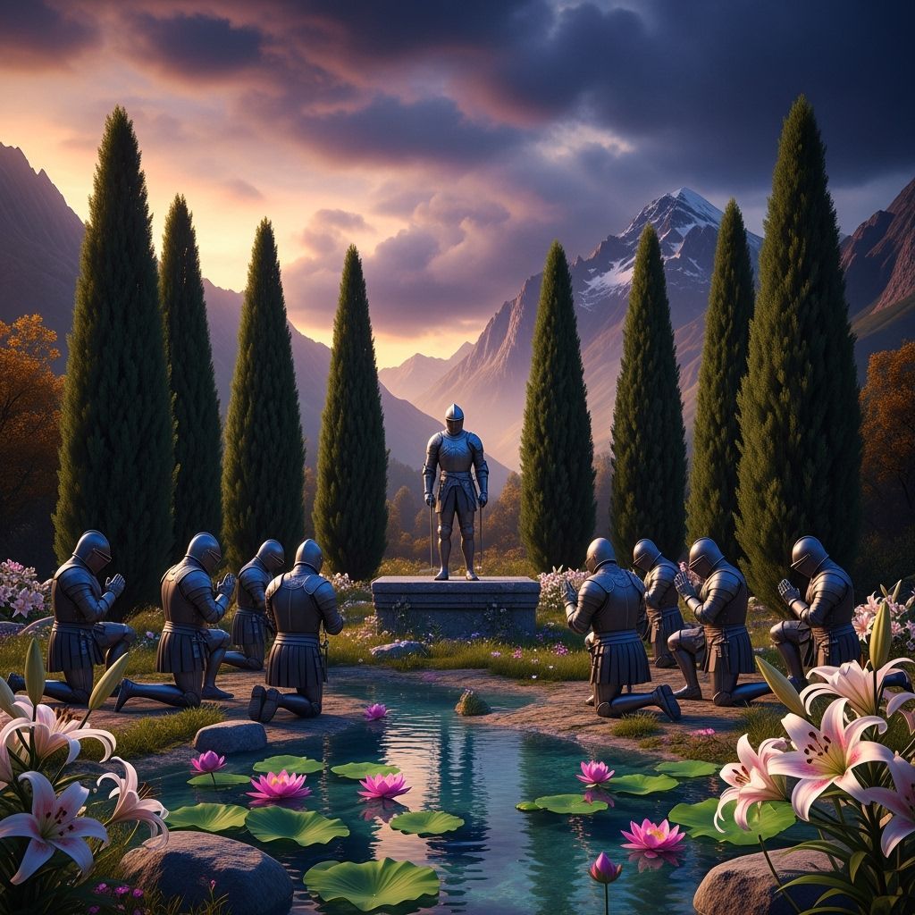 Armored Knights in Mountain Landscape at Dawn