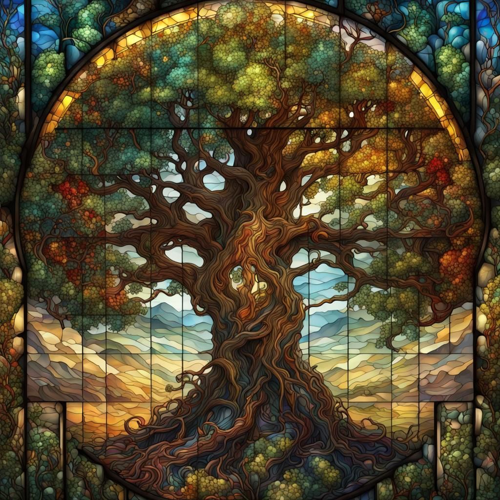 Stained Glass World Tree: Hyperdetailed Concept Art