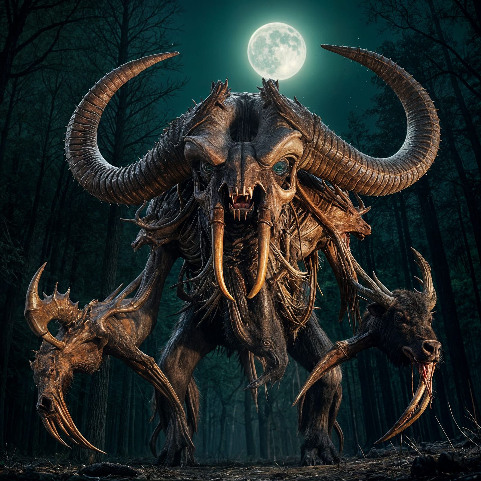 Towering Carcass Creature with Glowing Eyes in Forest