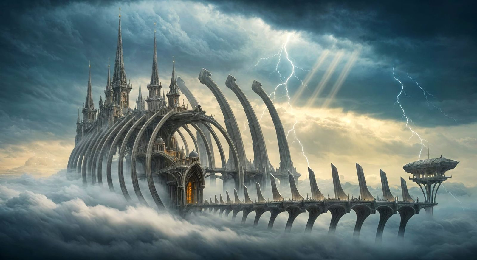 Colossal Sky Serpent Fortress in Stormy Skies