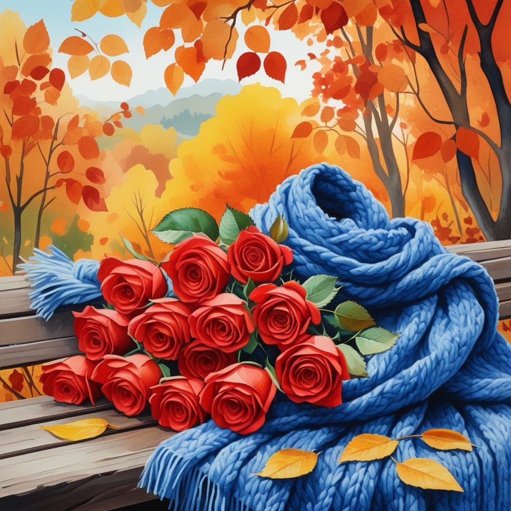 Gouache Painting of Roses Wrapped in Scarf on Bench