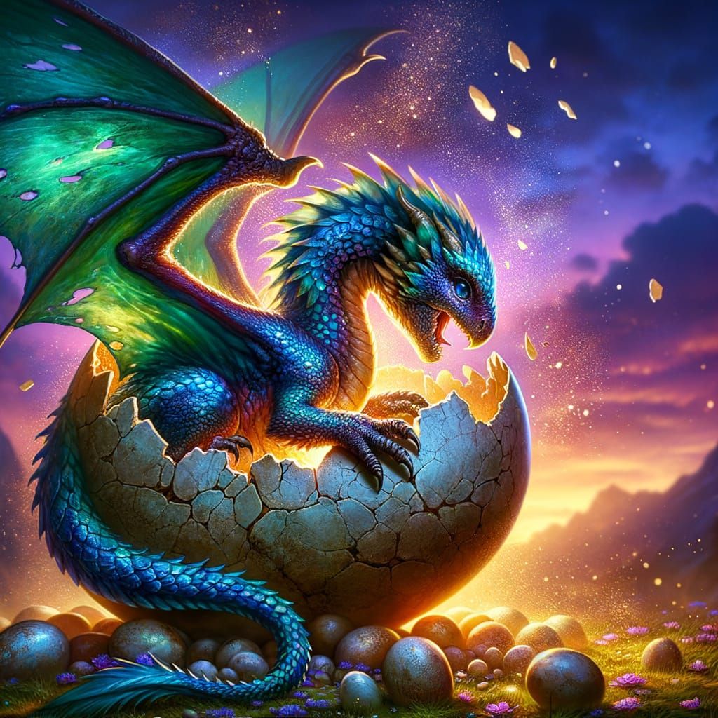 Sapphire and Emerald Dragon Hatching at Twilight