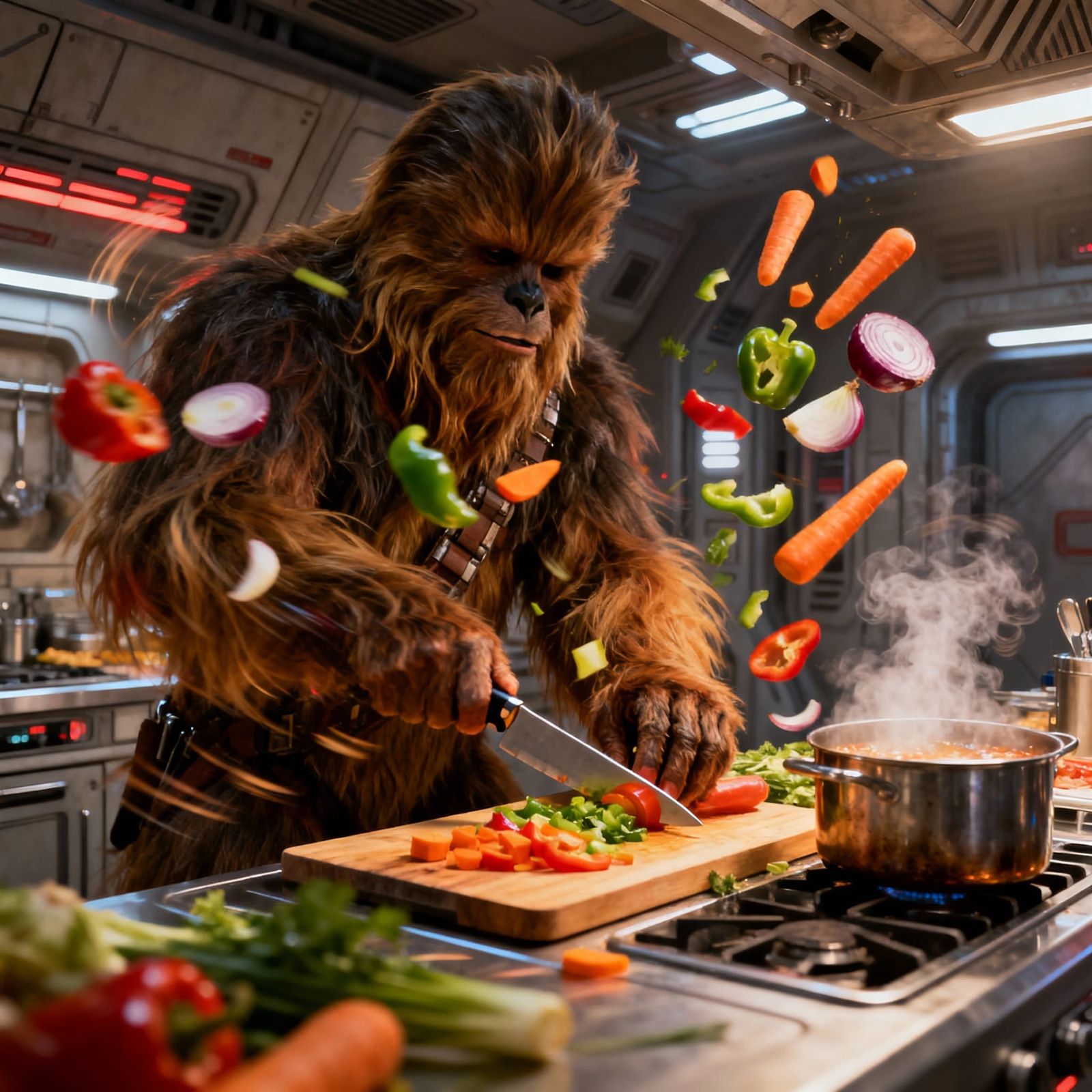 Chewbacca Chopping Vegetables in Kitchen