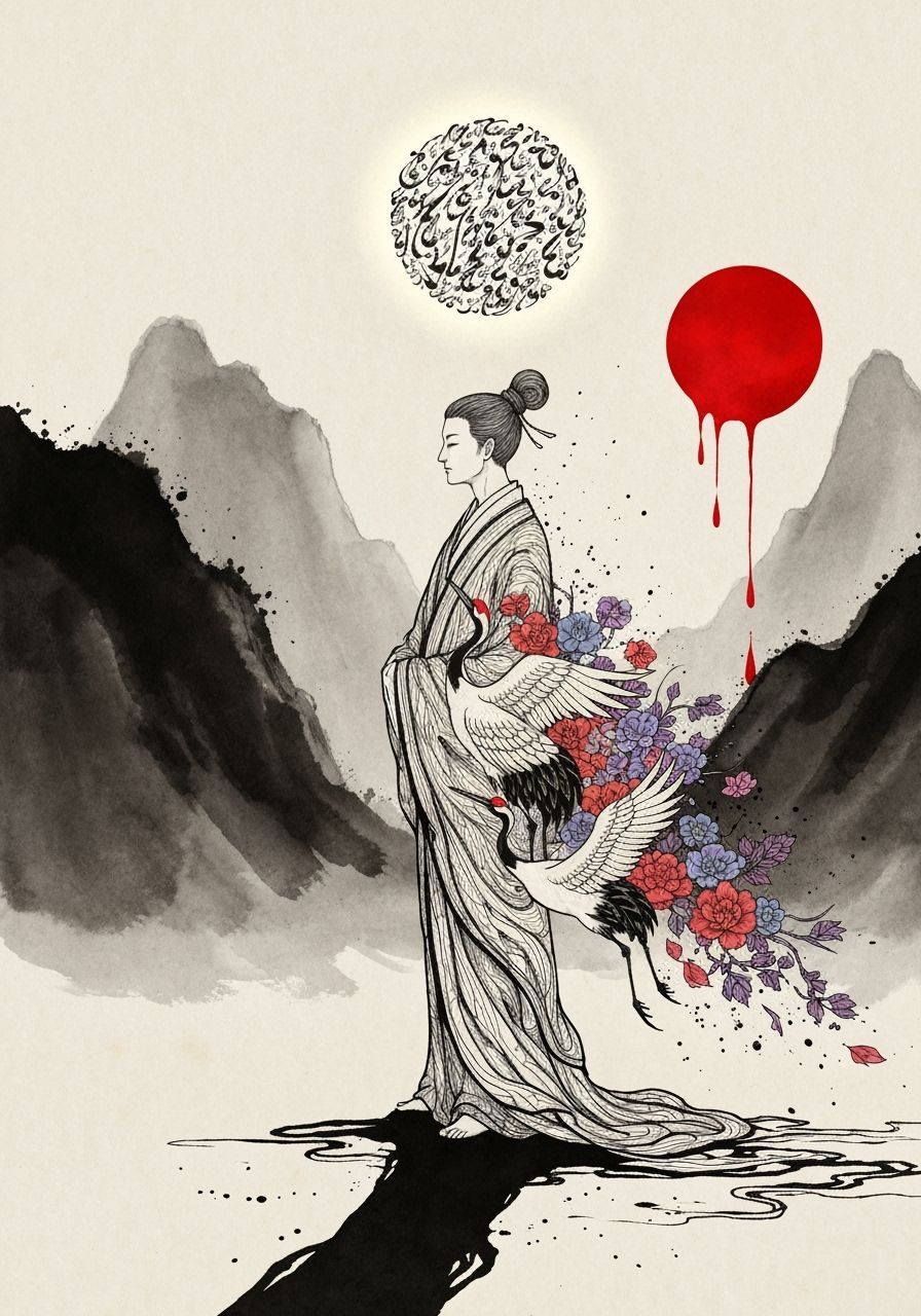 Ink Figure Under Calligraphy Moon, Japanese Art Style