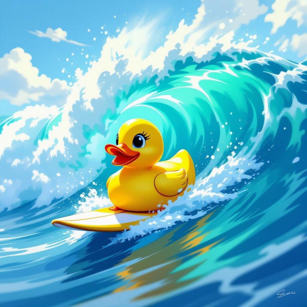 Rubber Duck Surfing Giant Wave in Comic Book Style