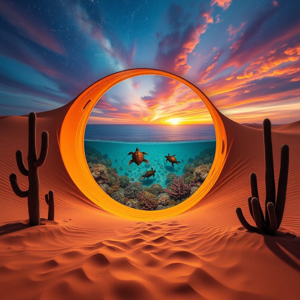 Sahara Desert Meets Maldives Ocean Portal in Cosmic Sunset