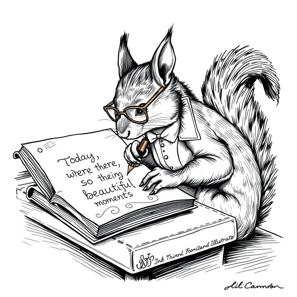Squirrel Journaling: An Intricate Ink Drawing