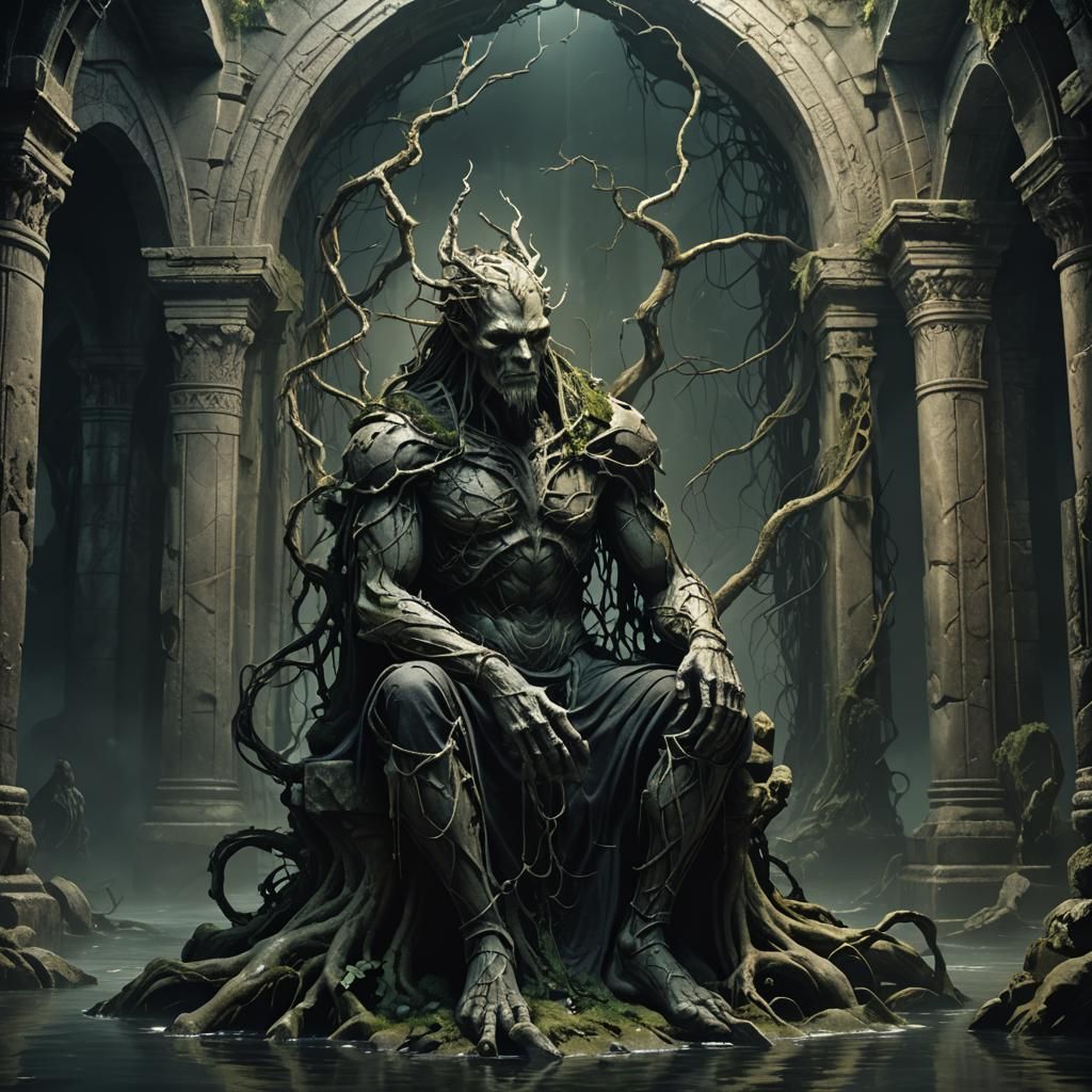 Cursed Figure on Stone Throne in Dark Fantasy Art