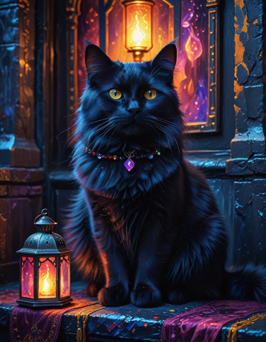 Black Cat on Throne in Expressionist Oil Painting