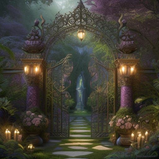 Whimsical Fantasy Garden with Grand Gate in Intricate Cursiv...