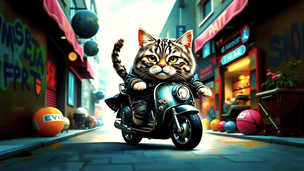 Chubby Mackerel Tabby Cat Riding a Vintage Scooter