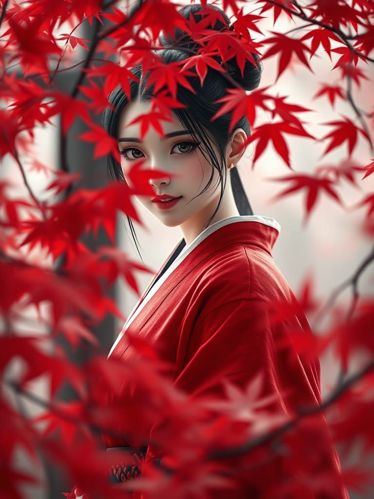 Female Samurai in Red Maple Leaves: 3D Anime Art