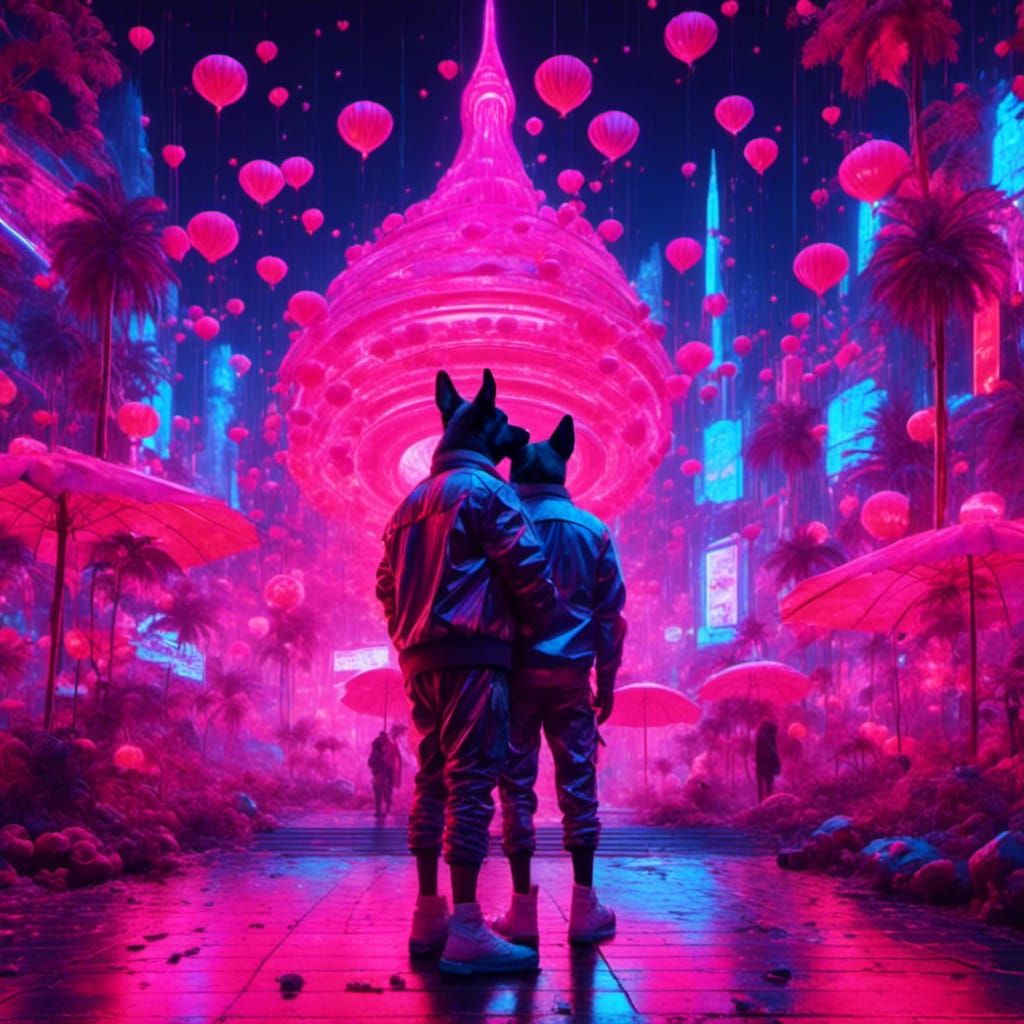 Two Dogs Falling in Love: Synthwave Neon