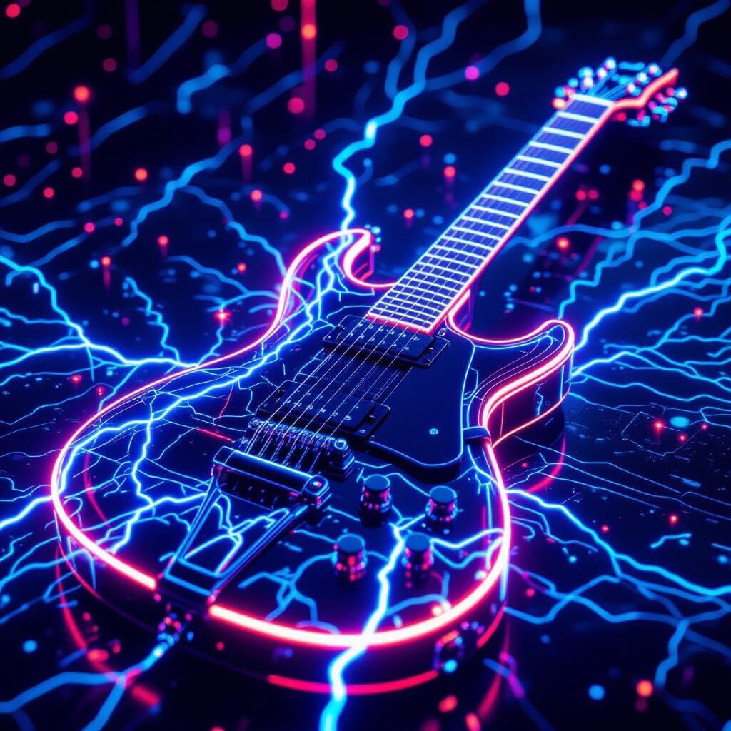 Futuristic Lightning Guitar in Synthwave Neon Style