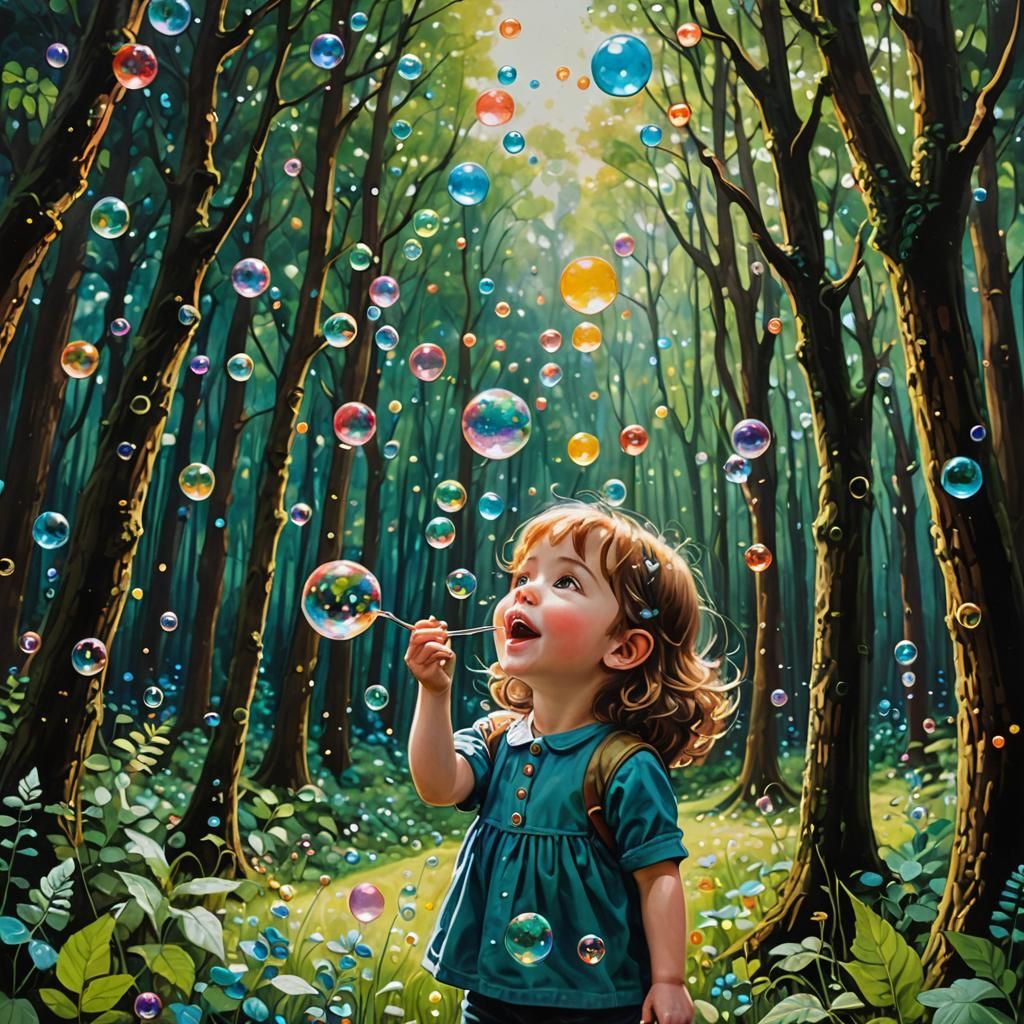 Child Blowing Bubbles in Magical Forest, Impasto Painting