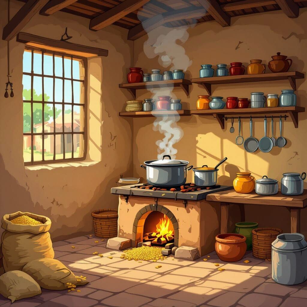 Busy Indian Rural Kitchen Vector Art