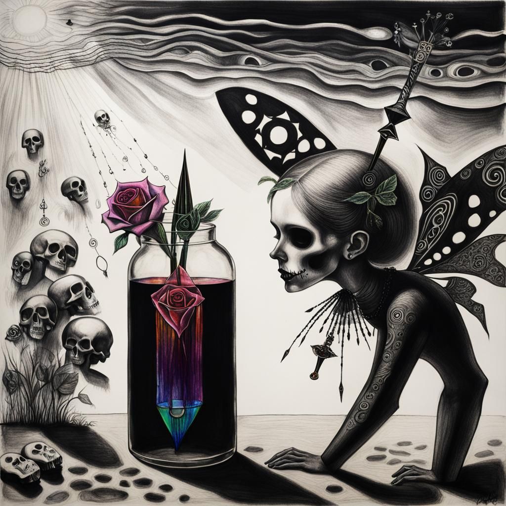 Surreal Crayon Drawing of Goth Woman in Rayograph Style