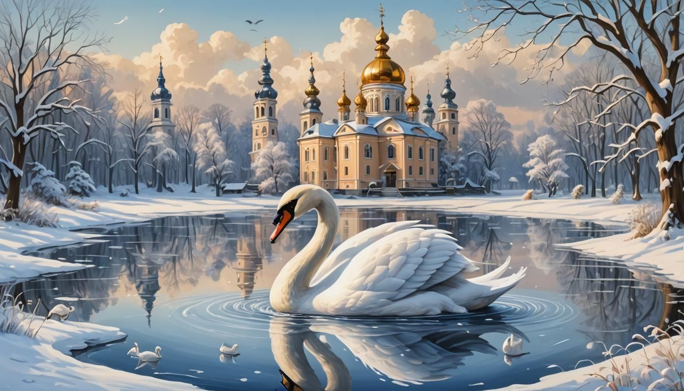 Fairytale Swan on Ice with Gzhel Accents