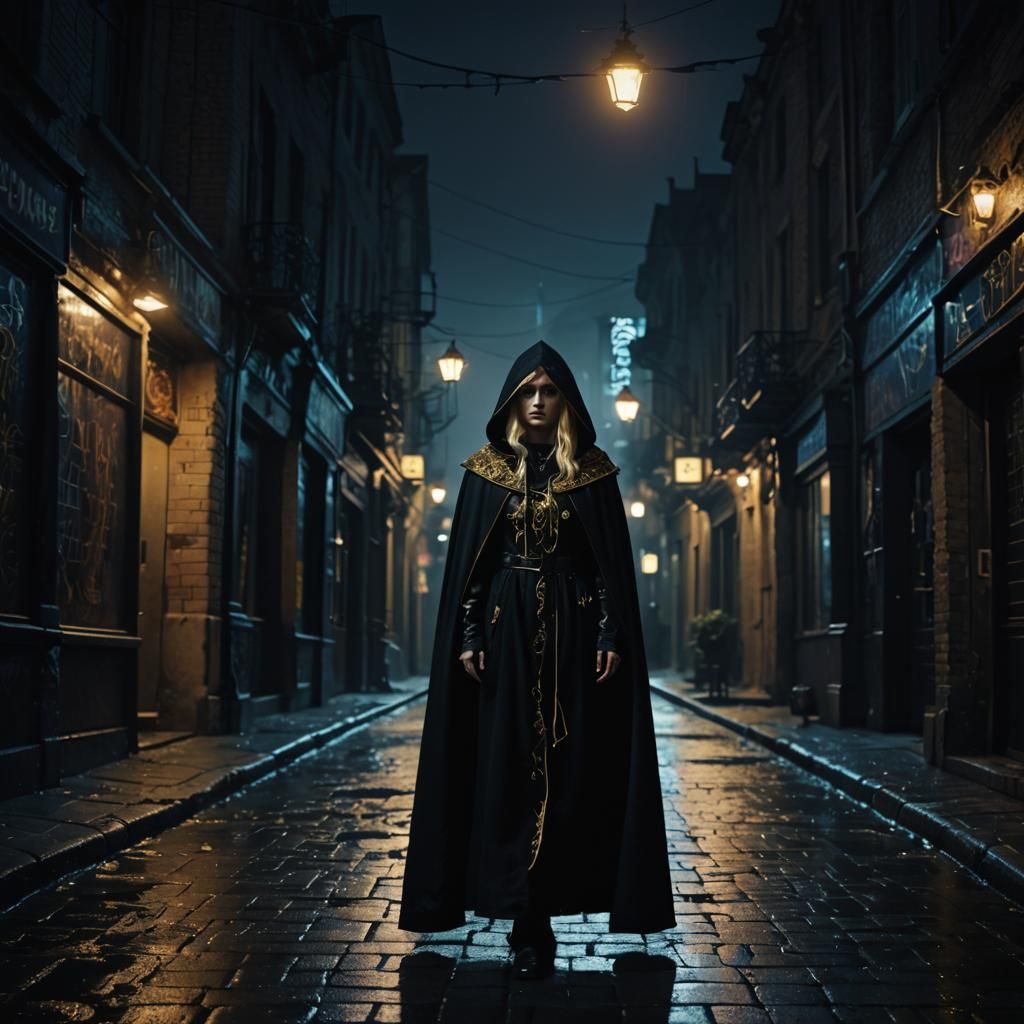 Gothic Woman in City at Night: Dark Fantasy Art
