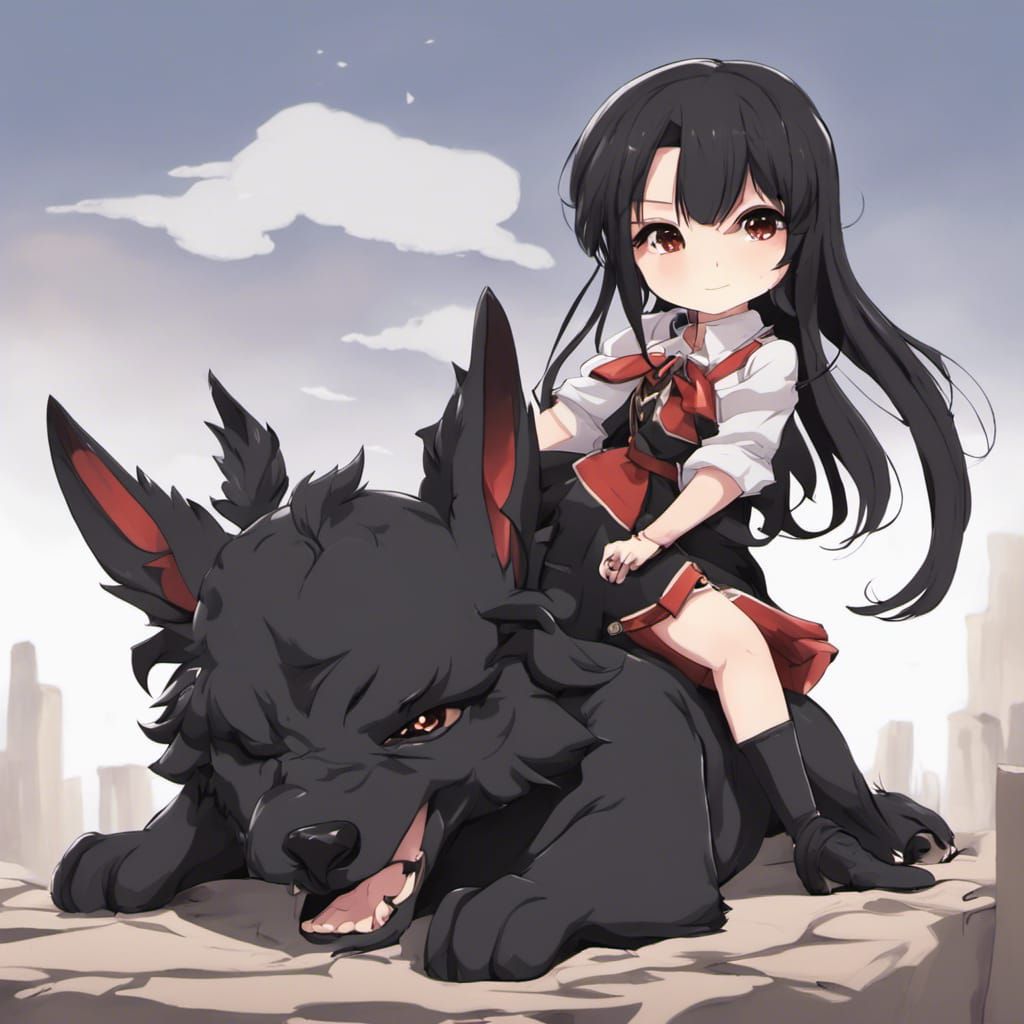 Chibi Girl Rides Cerberus in Anime Style