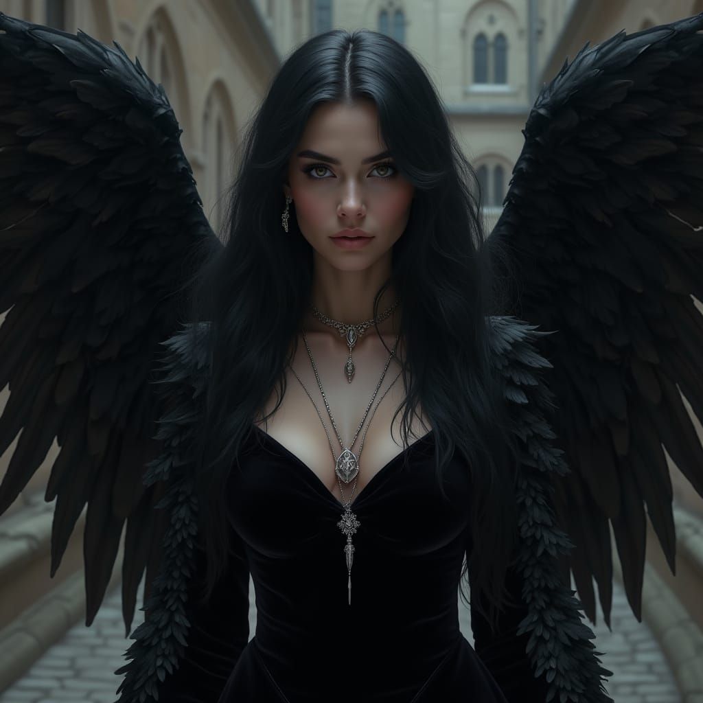 Ethereal Gothic Goddess in Velvet Gown with Angel Wings