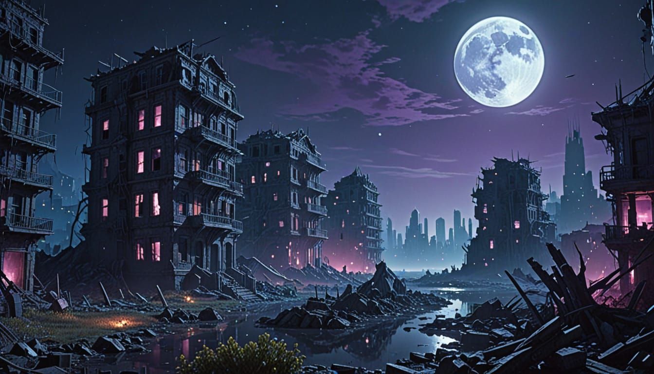 Ruined City Under Moonlight in Science Fiction Style