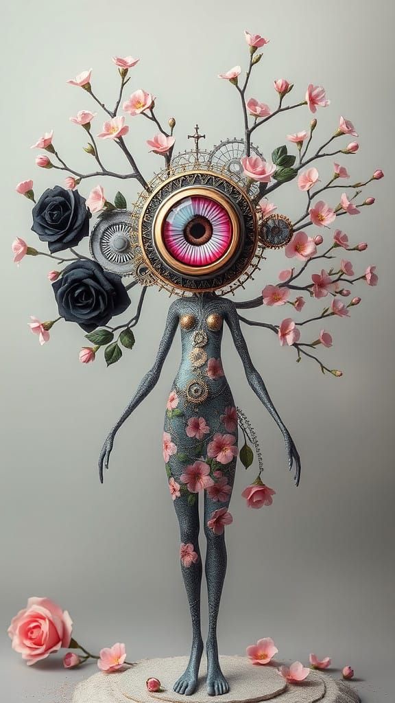 A Mystical Being with a Mechanical Eye and Floral Patterns
