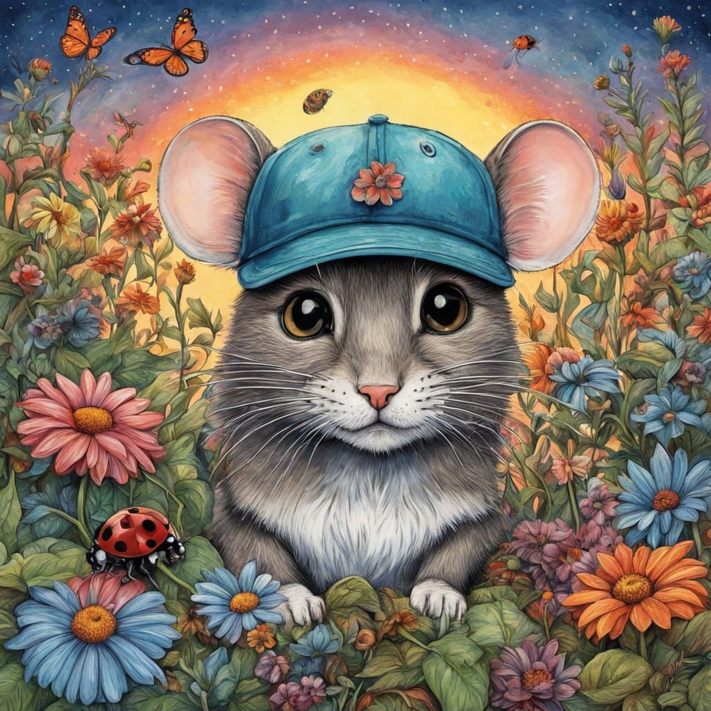 Mouse and Ladybug in Summer Garden, Whimsical Art